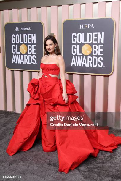 Lily James attends the 80th Annual Golden Globe Awards at The Beverly Hilton on January 10, 2023 in Beverly Hills, California.