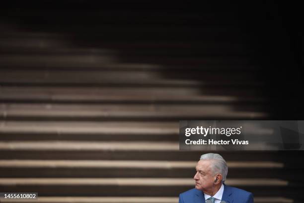 President of Mexico Andres Manuel Lopez Obrador looks on during a message for the media as part of the '2023 North American Leaders' Summit at...