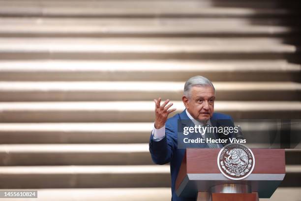 President of Mexico Andres Manuel Lopez Obrador speaks during a message for the media as part of the '2023 North American Leaders' Summit at Palacio...