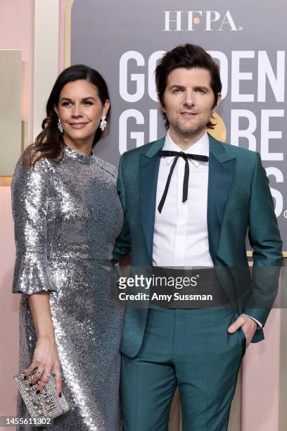 Naomi Scott and Adam Scott attend the 80th Annual Golden Globe Awards at The Beverly Hilton on January 10, 2023 in Beverly Hills, California.