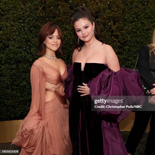 80th Annual GOLDEN GLOBE AWARDS -- Pictured: Jenna Ortega and Selena Gomez arrive at the 80th Annual Golden Globe Awards held at the Beverly Hilton...