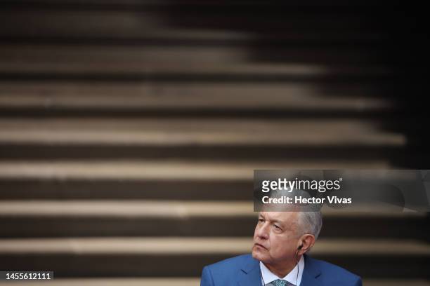 President of Mexico Andres Manuel Lopez Obrador looks on during a message for the media as part of the '2023 North American Leaders' Summit at...