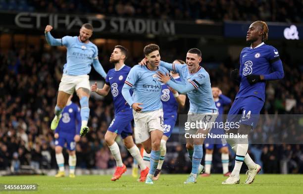 Julian Alvarez of Manchester City celebrates after scoring the team's second goal during the Emirates FA Cup Third Round match between Manchester...