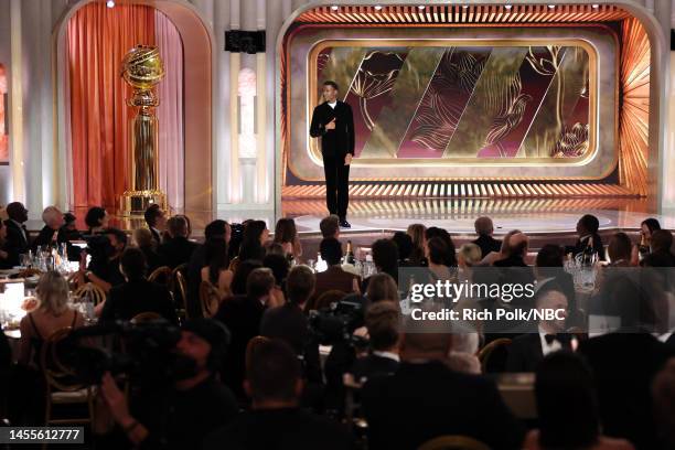 80th Annual GOLDEN GLOBE AWARDS -- Pictured: Host Jerrod Carmichael speaks onstage at the 80th Annual Golden Globe Awards held at the Beverly Hilton...