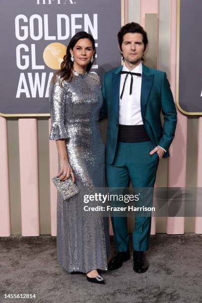 Naomi Scott and Adam Scott attend the 80th Annual Golden Globe Awards at The Beverly Hilton on January 10, 2023 in Beverly Hills, California.