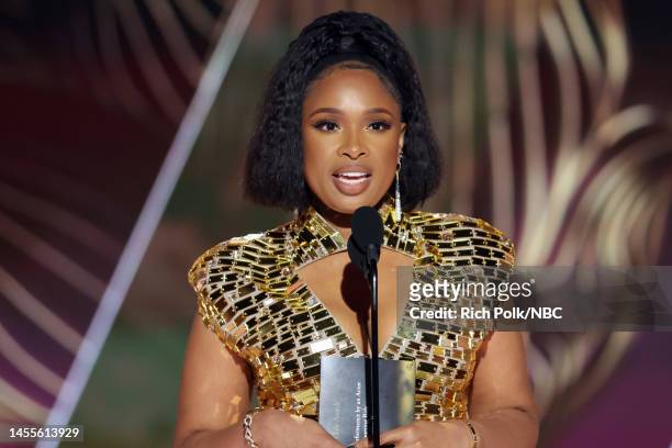80th Annual GOLDEN GLOBE AWARDS -- Pictured: Jennifer Hudson speaks onstage at the 80th Annual Golden Globe Awards held at the Beverly Hilton Hotel...