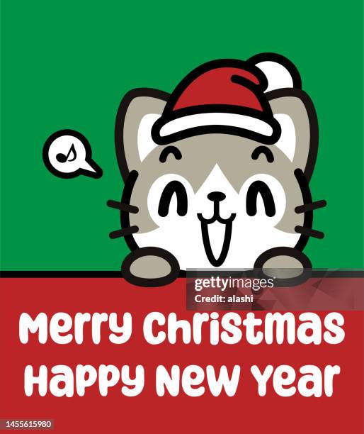 illustrazioni stock, clip art, cartoni animati e icone di tendenza di un simpatico gatto che indossa un cappello da babbo natale tiene un cartello e ti augura un buon natale e un felice anno nuovo - cat food