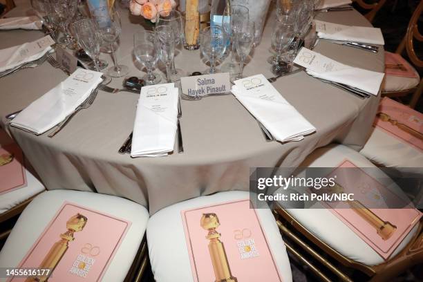 80th Annual GOLDEN GLOBE AWARDS -- Pictured: Salma Hayek's table setting is seen at the 80th Annual Golden Globe Awards held at the Beverly Hilton...