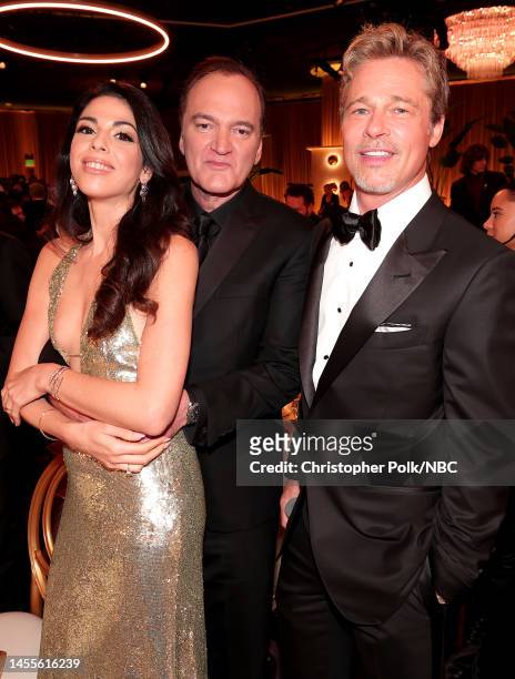 80th Annual GOLDEN GLOBE AWARDS -- Pictured: Daniella Pick, Quentin Tarantino, and Brad Pitt attend the 80th Annual Golden Globe Awards held at the...