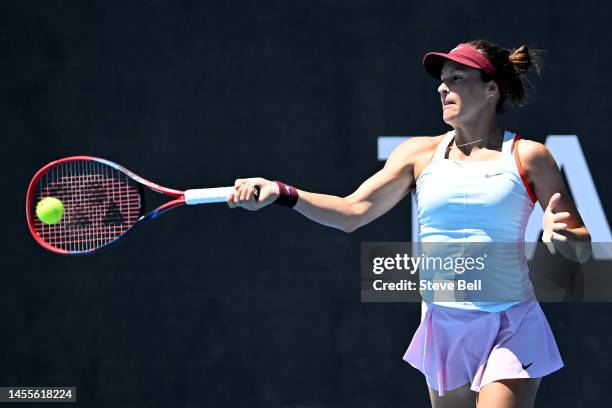 Tatjana Maria of Germany competes against Anhelina Kalanina of Ukraine during day three of the 2023 Hobart International at Domain Tennis Centre on...