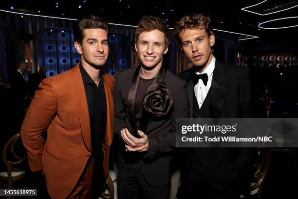 80th Annual GOLDEN GLOBE AWARDS -- Pictured: Andrew Garfield, Eddie Redmayne, and Austin Butler attend the 80th Annual Golden Globe Awards held at...