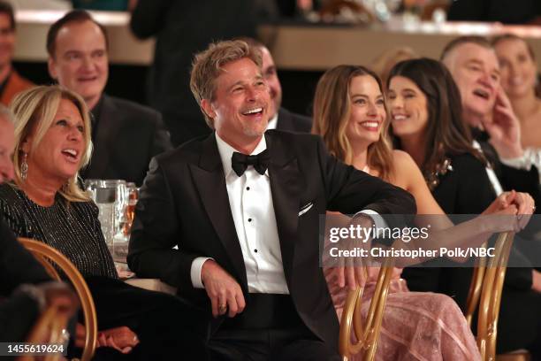 80th Annual GOLDEN GLOBE AWARDS -- Pictured: Quentin Tarantino, Brad Pitt and Margot Robbie attend the 80th Annual Golden Globe Awards held at the...