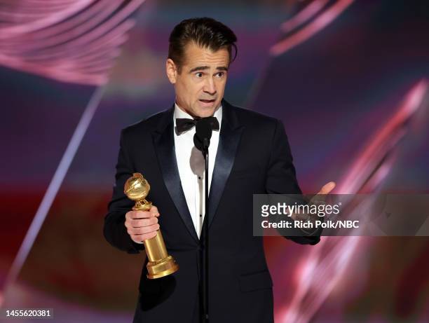 80th Annual GOLDEN GLOBE AWARDS -- Pictured: Colin Farrell accepts the Best Actor in a Motion Picture – Musical or Comedy award for "The Banshees of...