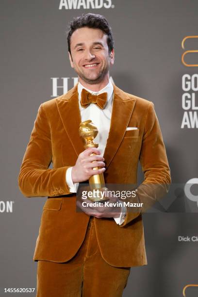 Justin Hurwitz poses with the Best Original Score award for "Babylon" in the press room during the 80th Annual Golden Globe Awards at The Beverly...