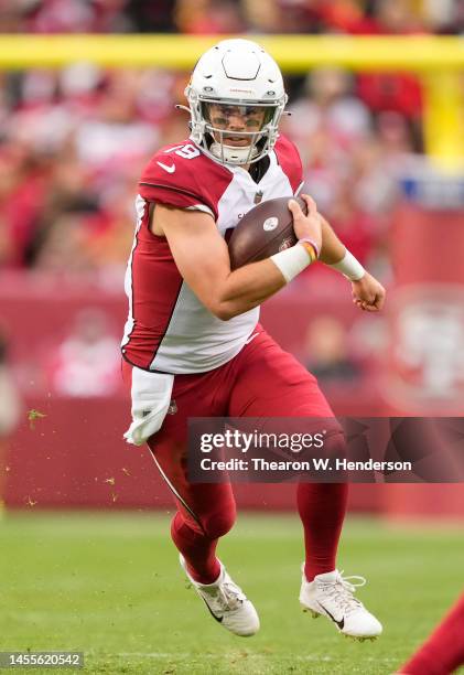 Trace McSorley of the Arizona Cardinals runs with the ball against the San Francisco 49ers during the fourth quarter of an NFL football game at...