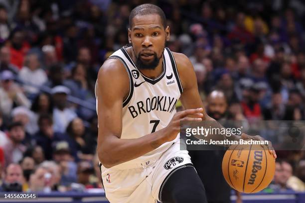 Kevin Durant of the Brooklyn Nets drives with the ball against the New Orleans Pelicans during a game at the Smoothie King Center on January 06, 2023...