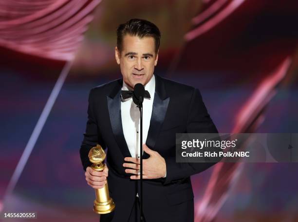 80th Annual GOLDEN GLOBE AWARDS -- Pictured: Colin Farrell accepts the Best Actor in a Motion Picture – Musical or Comedy award for "The Banshees of...
