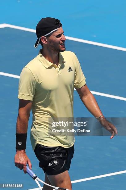 Dominic Thiem of Austria reacts after winning the match during day two of the 2023 Kooyong Classic at Kooyong on January 11, 2023 in Melbourne,...