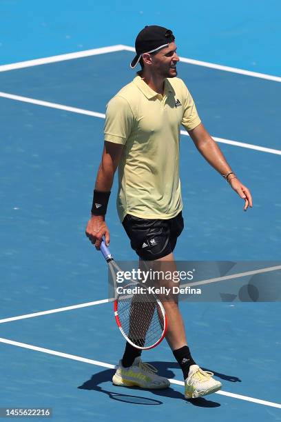 Dominic Thiem of Austria reacts after winning the match during day two of the 2023 Kooyong Classic at Kooyong on January 11, 2023 in Melbourne,...