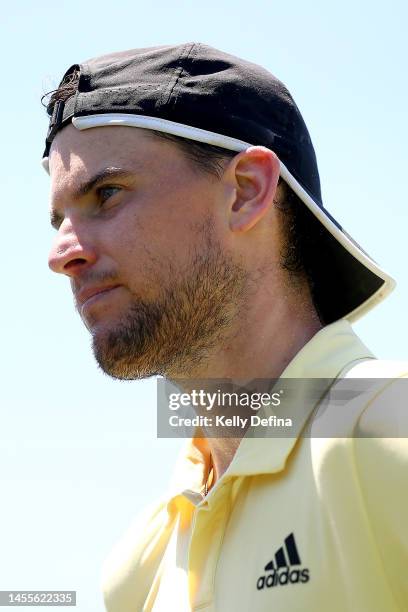 Dominic Thiem of Austria speaks after winning the match during day two of the 2023 Kooyong Classic at Kooyong on January 11, 2023 in Melbourne,...