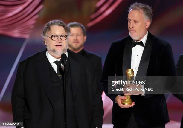 80th Annual GOLDEN GLOBE AWARDS -- Pictured: Guillermo del Toro and Mark Gustafson accept the Best Animated Feature award for "Guillermo del Toro's...