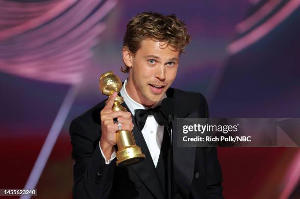 80th Annual GOLDEN GLOBE AWARDS -- Pictured: Austin Butler accepts the Best Actor in a Motion Picture – Drama award for "Elvis" onstage at the 80th...
