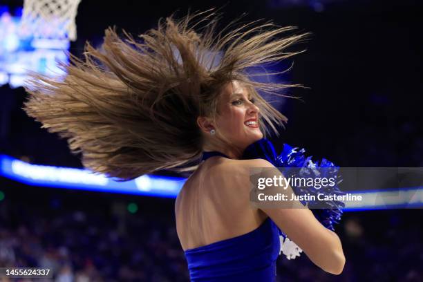 Kentucky Wildcats cheerleader performs during the second half in the game against the South Carolina Gamecocks at Rupp Arena on January 10, 2023 in...