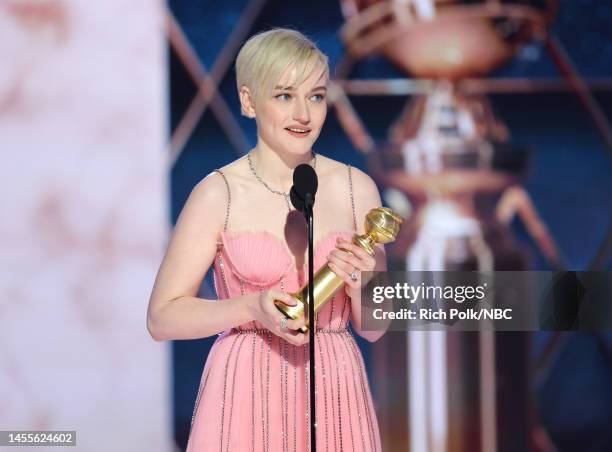 80th Annual GOLDEN GLOBE AWARDS -- Pictured: Julia Garner accepts the Best Supporting Actress in a Television Series – Musical-Comedy or Drama award...