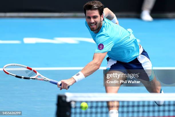 Cameron Norrie of Great Britain plays a backhand in his singles match against Jiri Lehecka of the Czech Republic during day three of the 2023 ASB...