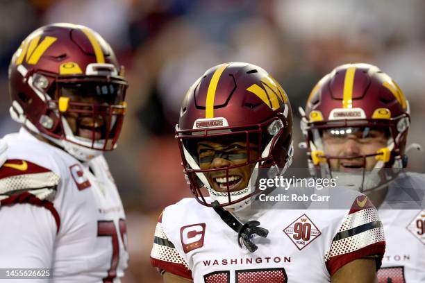 Wide receiver Terry McLaurin of the Washington Commanders celebrates after catching a first quarter touchdown pass against the Dallas Cowboys at...