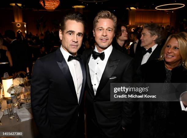 Colin Farrell and Brad Pitt celebrate the 80th Annual Golden Globe Awards with Moët And Chandon at The Beverly Hilton on January 10, 2023 in Beverly...