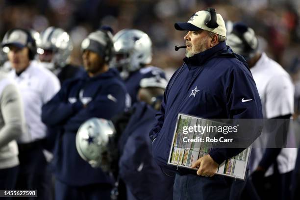 Head coach Mike McCarthy of the Dallas Cowboys looks on against the Washington Commanders at FedExField on January 08, 2023 in Landover, Maryland.