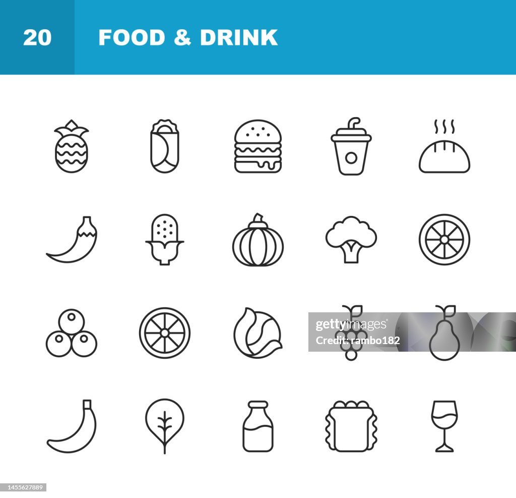 Food and Drink Line Icons. Editable Stroke. Contains such icons as Bakery, Cake, Champagne, Cheeseburger, Cooking, Diet, Food Delivery, Fruit, Lemon, Milk, Orange, Pepper, Salad, Spinach, Takeout, Vegan, Vegetable, Vegetarian, Watermelon, Wine.