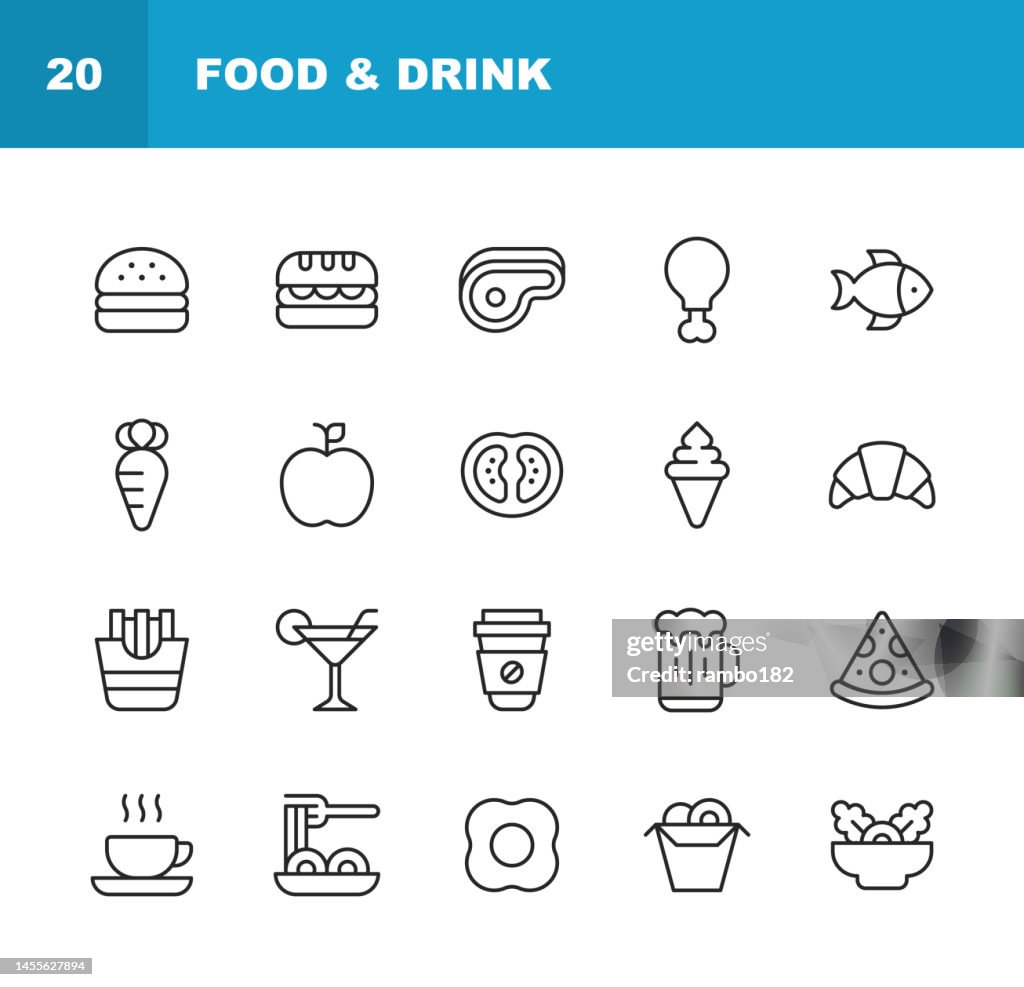 Food and Drink Line Icons. Editable Stroke. Contains such icons as Bakery, Cake, Chicken, Coffee, Croissant, Dessert, Fish, Food Delivery, Fries, Fruit, Hot Dot, Ice Cream, Meat, Pizza, Salad, Sausage, Spaghetti, Steak, Sushi, Takeout, Tea, Vegetable.