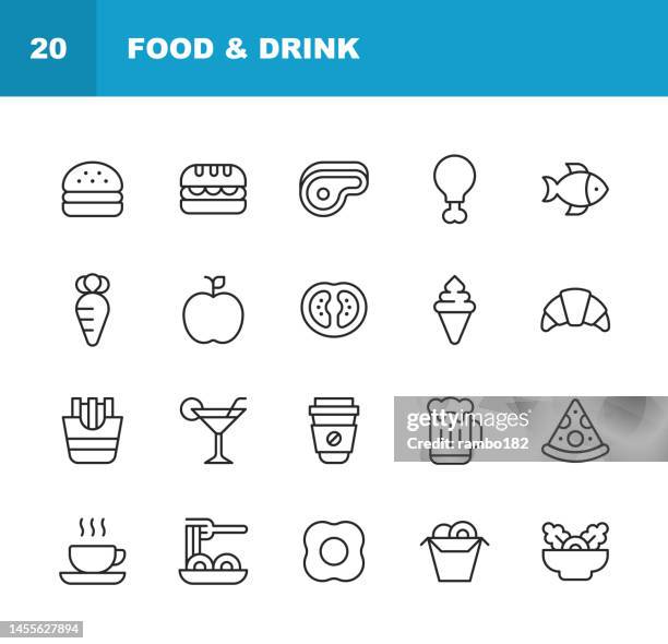 food and drink line icons. editable stroke. contains such icons as bakery, cake, chicken, coffee, croissant, dessert, fish, food delivery, fries, fruit, hot dot, ice cream, meat, pizza, salad, sausage, spaghetti, steak, sushi, takeout, tea, vegetable. - chicken salad stock illustrations