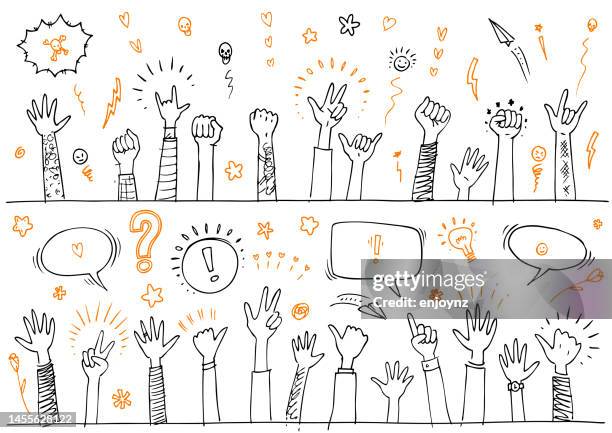 stockillustraties, clipart, cartoons en iconen met crowd of raised protesting hands and arm sketches - community line drawing