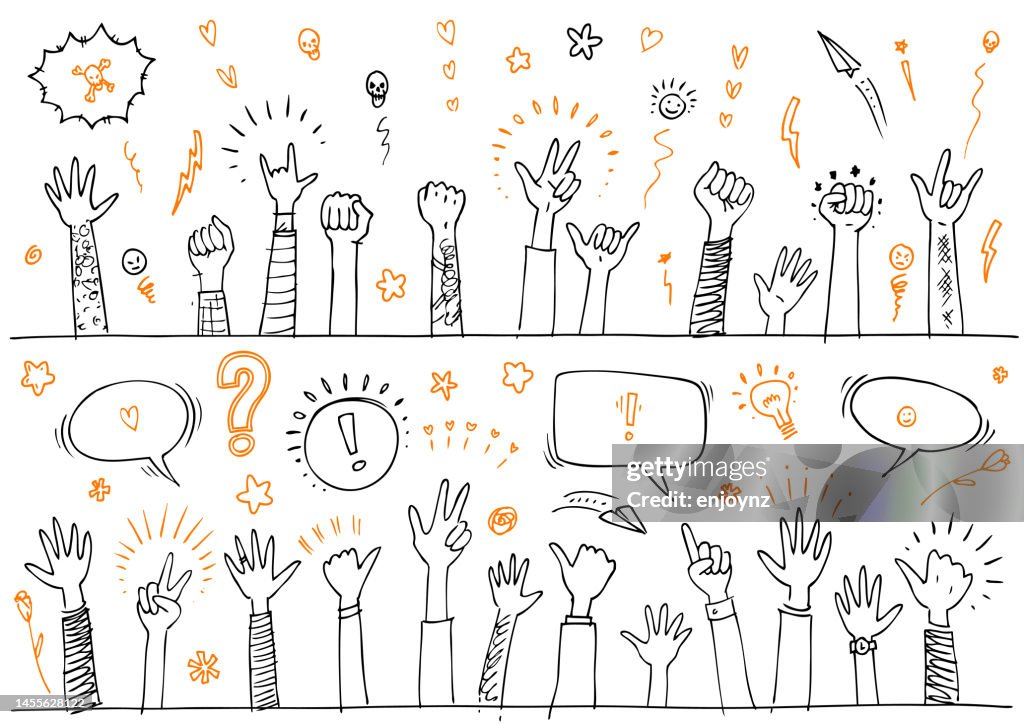 Hand Protest Draw Crowd Of Raised Protesting Hands And Arm Sketches High-Res Vector ...