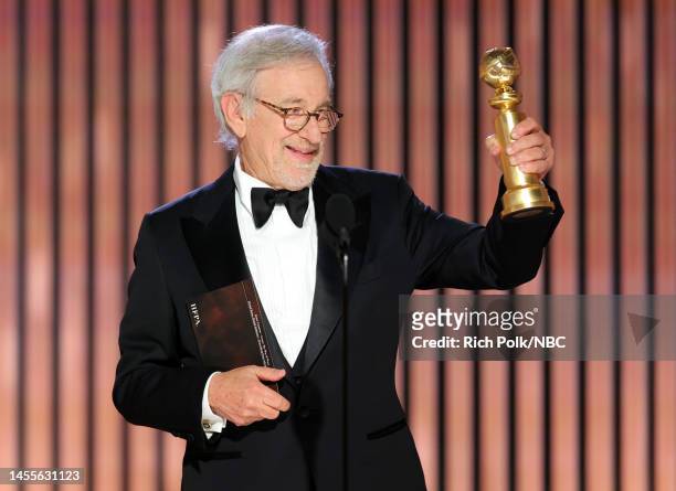 80th Annual GOLDEN GLOBE AWARDS -- Pictured: Steven Spielberg accepts the Best Director award for "The Fabelmans" onstage at the 80th Annual Golden...