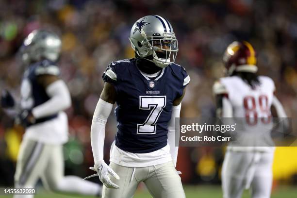 Cornerback Trevon Diggs of the Dallas Cowboys looks on against the Washington Commanders at FedExField on January 08, 2023 in Landover, Maryland.