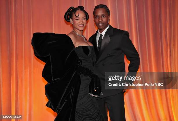 80th Annual GOLDEN GLOBE AWARDS -- Pictured: Rihanna and A$AP Rocky attend the 80th Annual Golden Globe Awards held at the Beverly Hilton Hotel on...