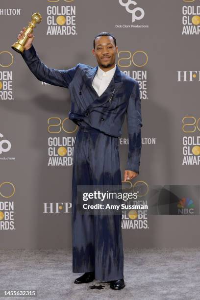 Tyler James Williams poses with the award for Best Supporting Actor - Television Series for "Abbott Elementary" in the press room at the 80th Annual...