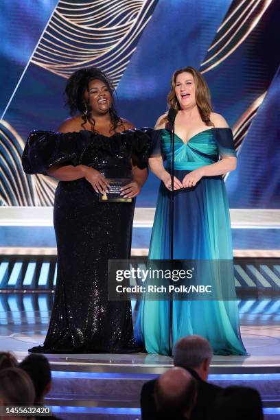 80th Annual GOLDEN GLOBE AWARDS -- Pictured: Nicole Byer and Ana Gasteyer speak onstage at the 80th Annual Golden Globe Awards held at the Beverly...