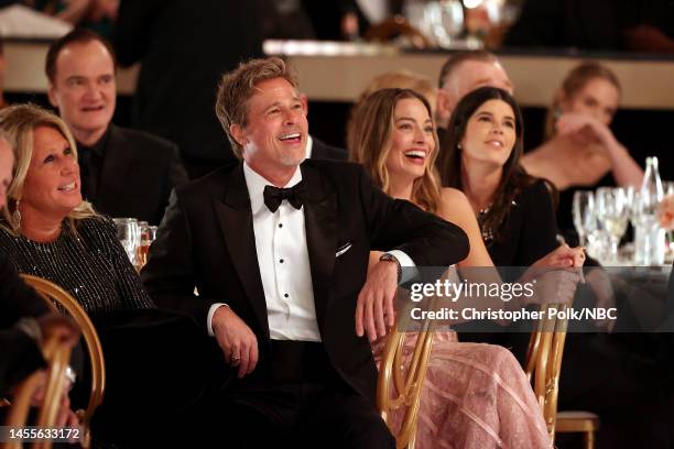 80th Annual GOLDEN GLOBE AWARDS -- Pictured: Quentin Tarantino, Brad Pitt and Margot Robbie attend the 80th Annual Golden Globe Awards held at the...