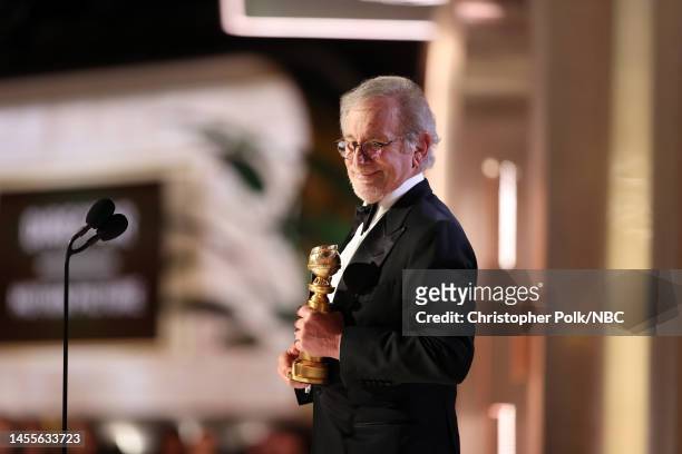 80th Annual GOLDEN GLOBE AWARDS -- Pictured: Steven Spielberg accepts the Best Director award for "The Fabelmans" onstage at the 80th Annual Golden...