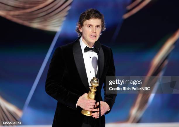 80th Annual GOLDEN GLOBE AWARDS -- Pictured: Evan Peters accepts the Best Actor in a Limited or Anthology Series or Television Film award for "Dahmer...