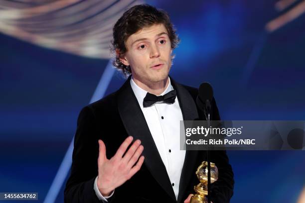 80th Annual GOLDEN GLOBE AWARDS -- Pictured: Evan Peters accepts the Best Actor in a Limited or Anthology Series or Television Film award for "Dahmer...