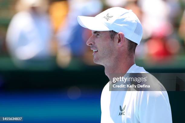 Andy Murray of Great Britain looks on after winning the match during day two of the 2023 Kooyong Classic at Kooyong on January 11, 2023 in Melbourne,...