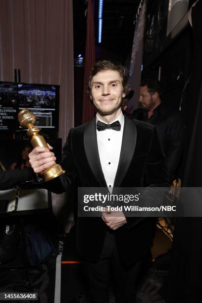 80th Annual GOLDEN GLOBE AWARDS -- Pictured: Evan Peters poses with the Best Actor in a Limited or Anthology Series or Television Film award for...