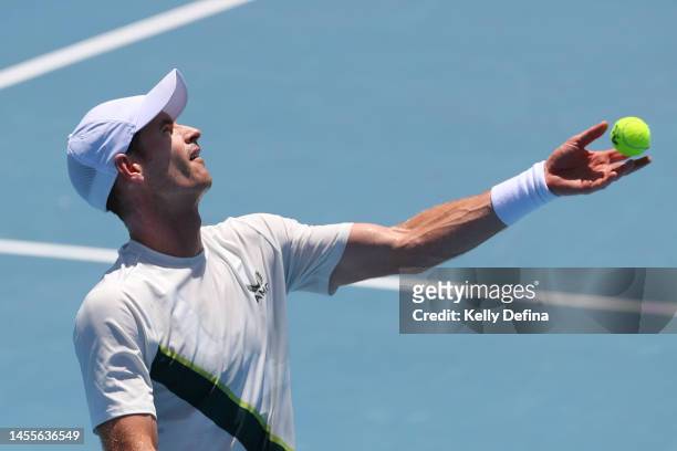 Andy Murray of Great Britain serves during day two of the 2023 Kooyong Classic at Kooyong on January 11, 2023 in Melbourne, Australia.