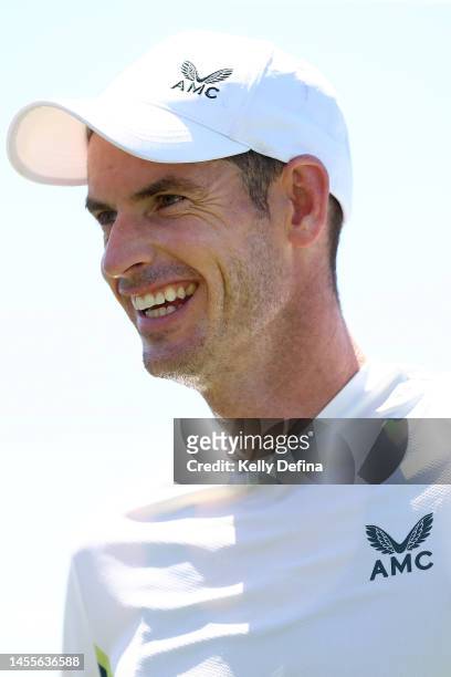 Andy Murray of Great Britain speaks to media during day two of the 2023 Kooyong Classic at Kooyong on January 11, 2023 in Melbourne, Australia.